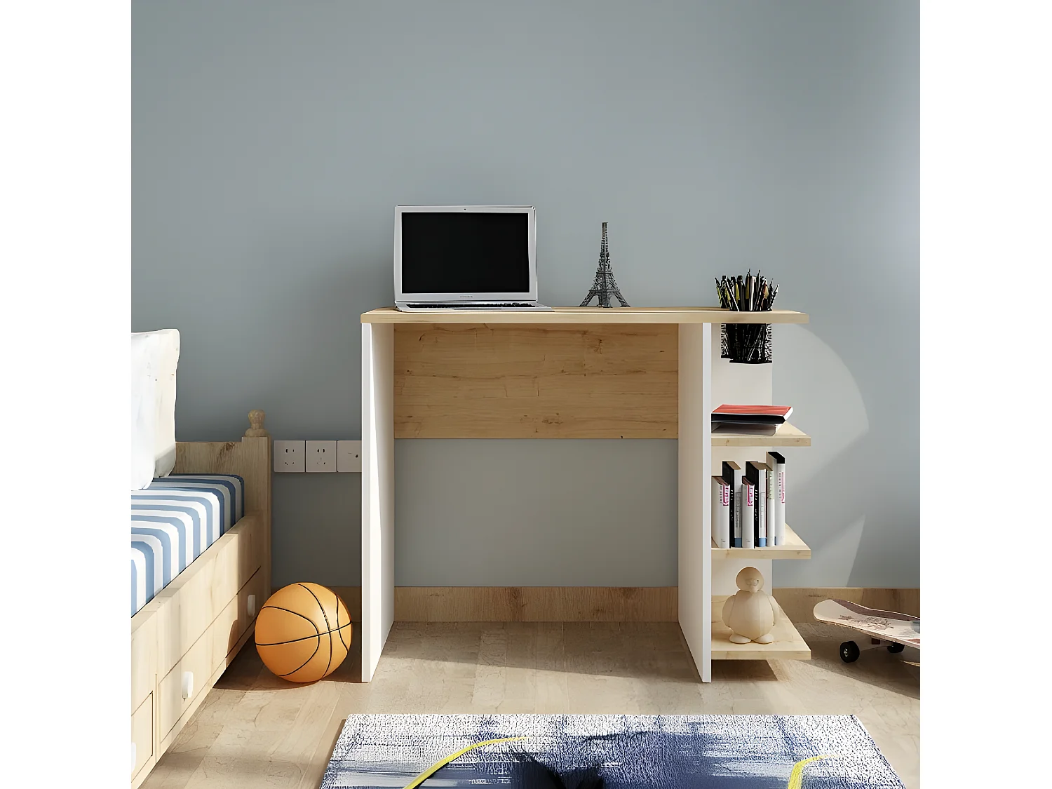 Bureau Basil Wood - Chêne, Blanc - 90x50x72 cm - Homemania