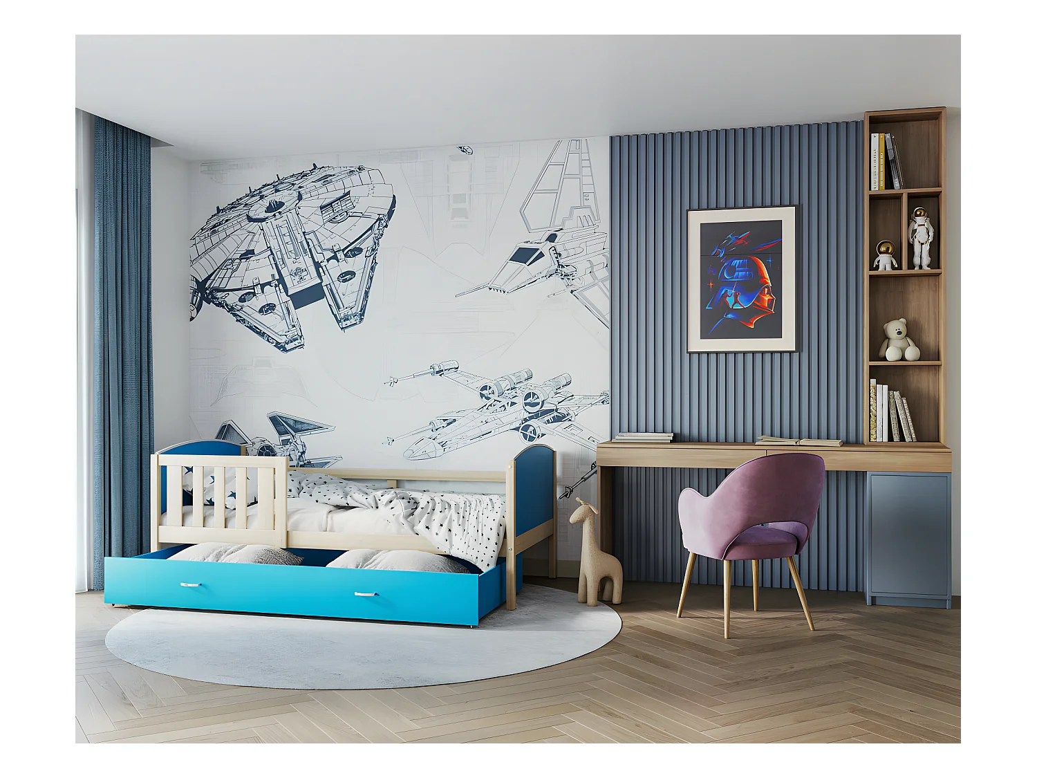 Lit Enfant Tomy 90x190 Pin - bleu Livré avec sommiers, tiroir et matelas en mousse de 7cm