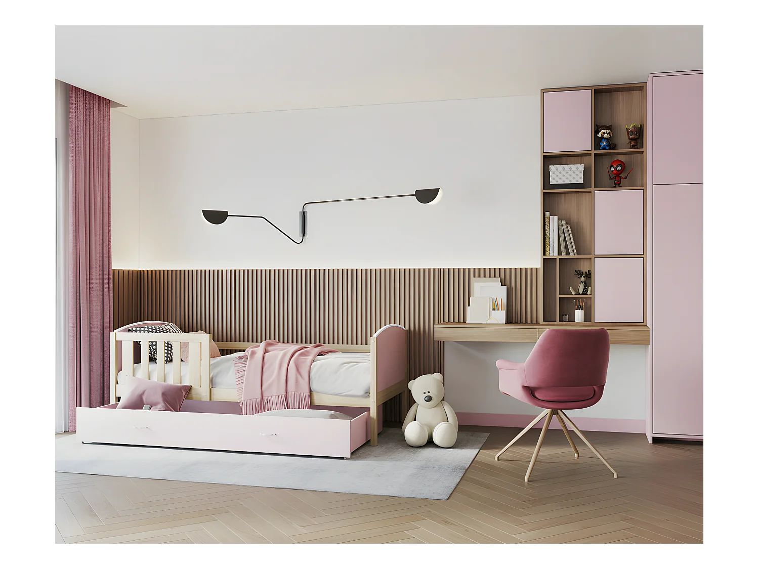 Lit Enfant Tomy 90x190 Pin - rose Livré avec sommiers, tiroir et matelas en mousse de 7cm