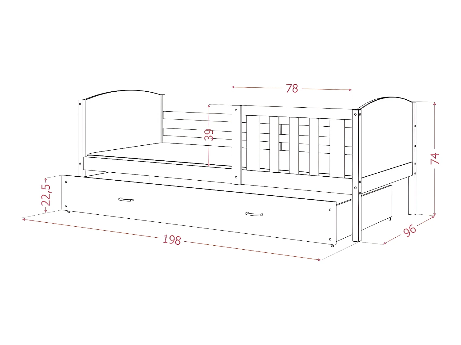 Lit Enfant Tomy 90x190 Pin - rose Livré avec sommiers, tiroir et matelas en mousse de 7cm