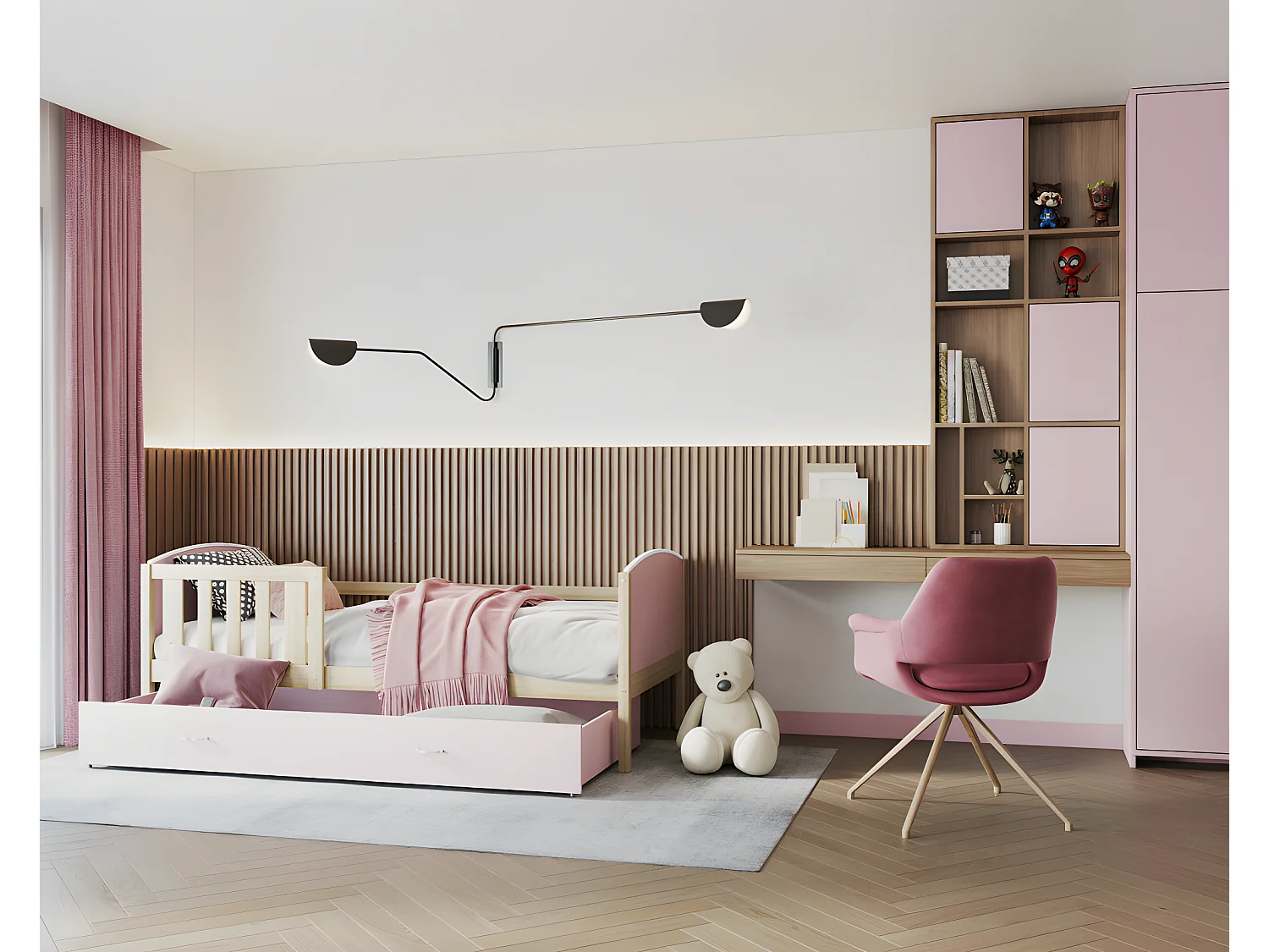 Lit Enfant Tomy 90x190 Pin - rose Livré avec sommiers, tiroir et matelas en mousse de 7cm