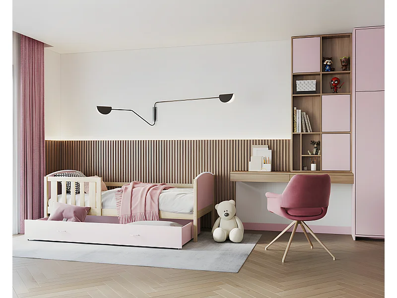 Lit Enfant Tomy 90x190 Pin - rose Livré avec sommiers, tiroir et matelas en mousse de 7cm
