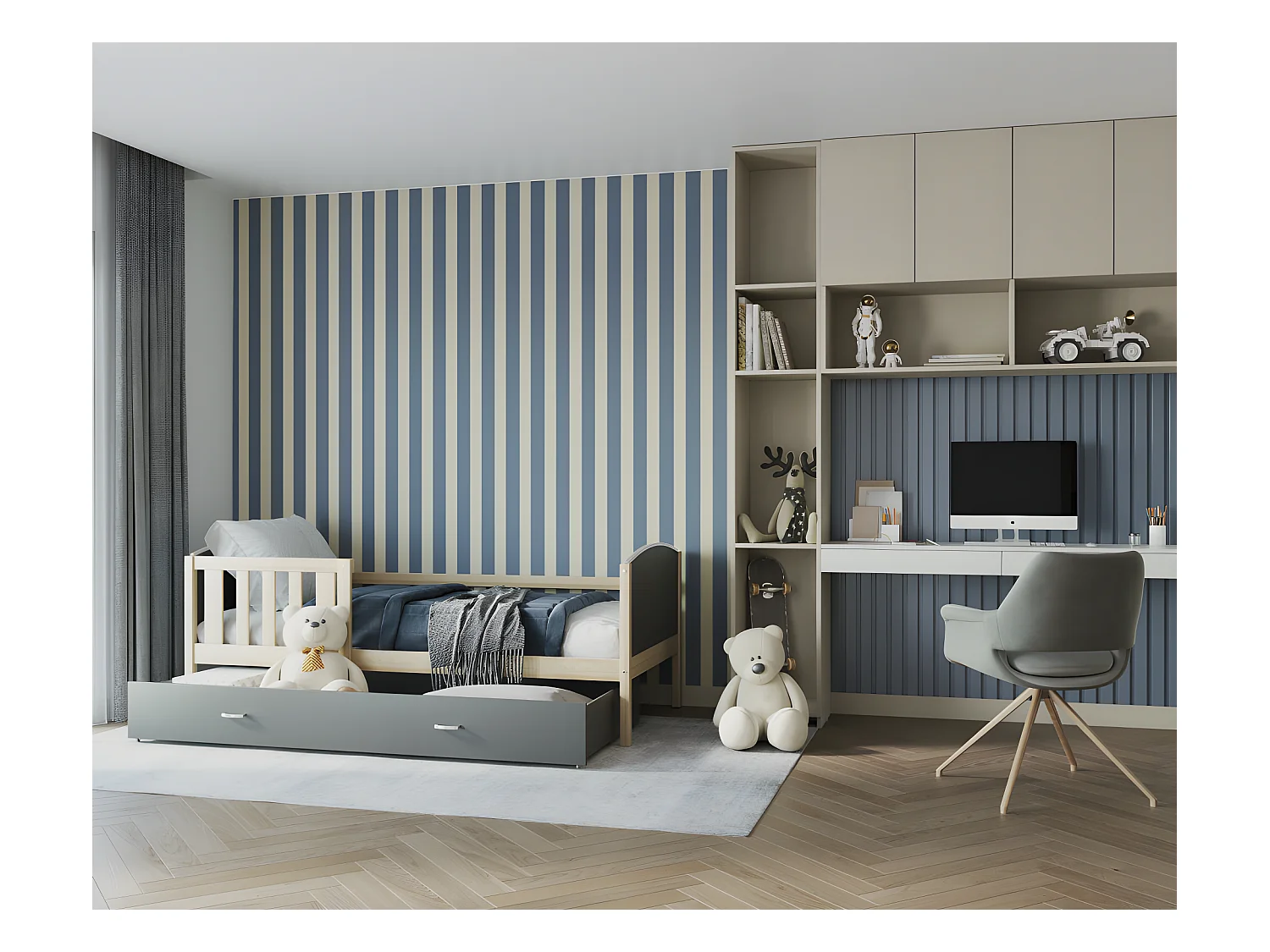 Lit Enfant Tomy 90x190 Pin - gris Livré avec sommiers, tiroir et matelas en mousse de 7cm