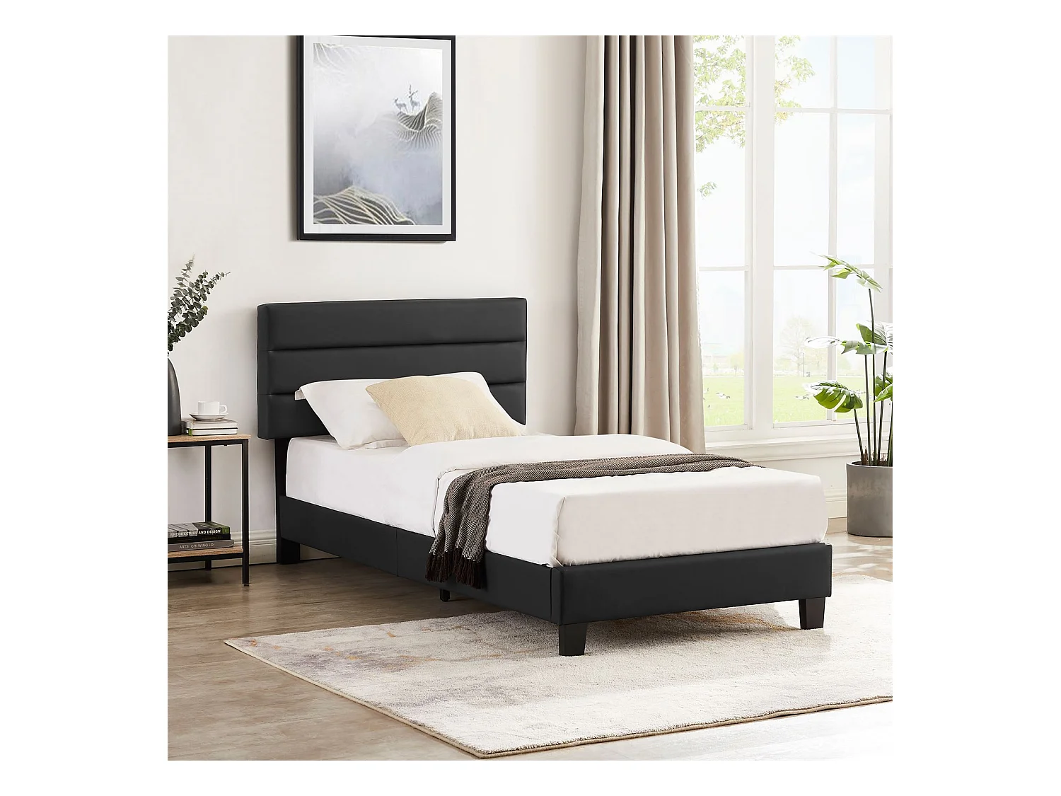 Lit 1 place HUDSON 90x190 cm avec sommier, lit simple pour enfant ou adulte, hauteur réglable, lit en synthétique noir