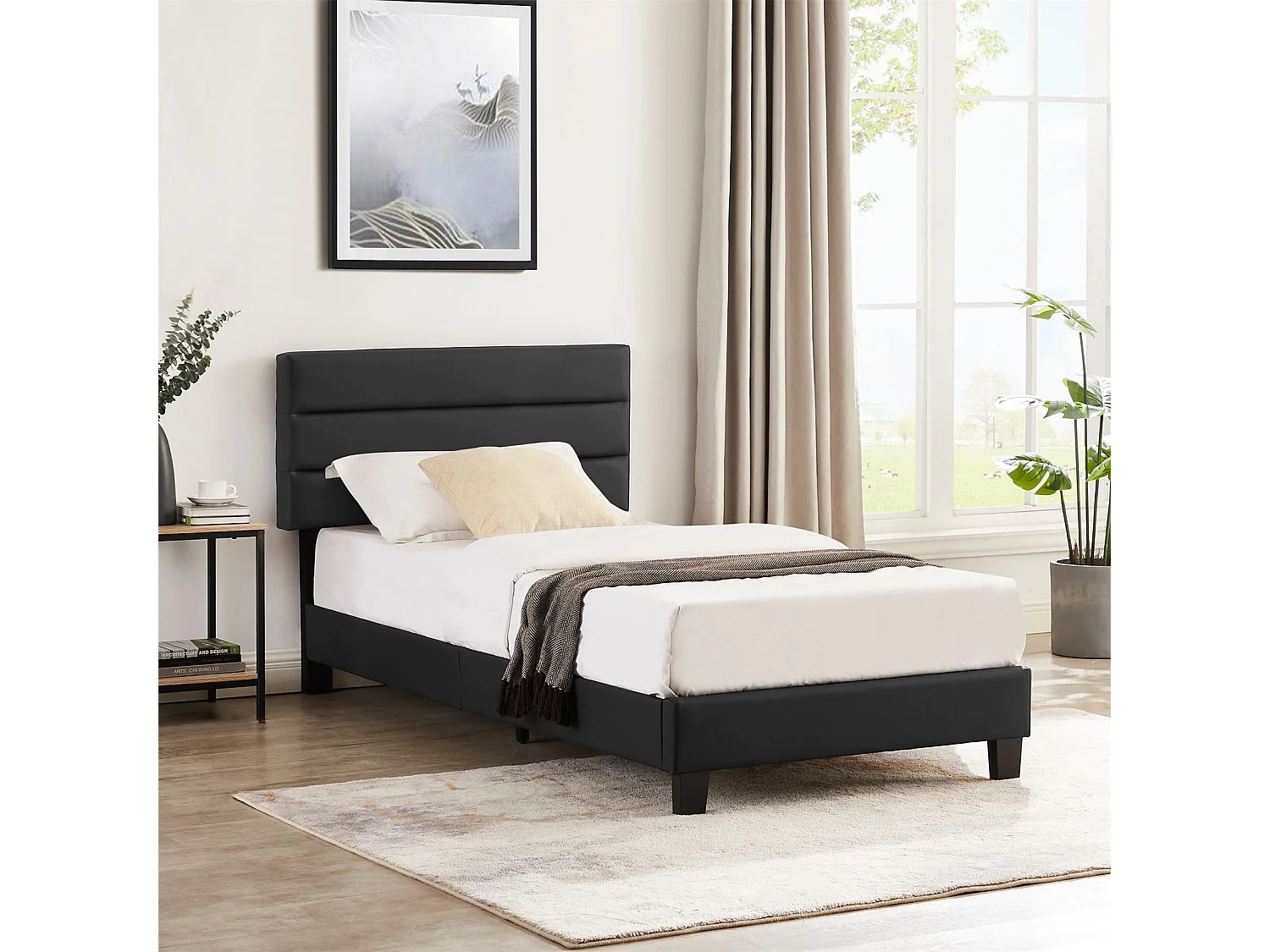 Lit 1 place HUDSON 90x190 cm avec sommier, lit simple pour enfant ou adulte, hauteur réglable, lit en synthétique noir