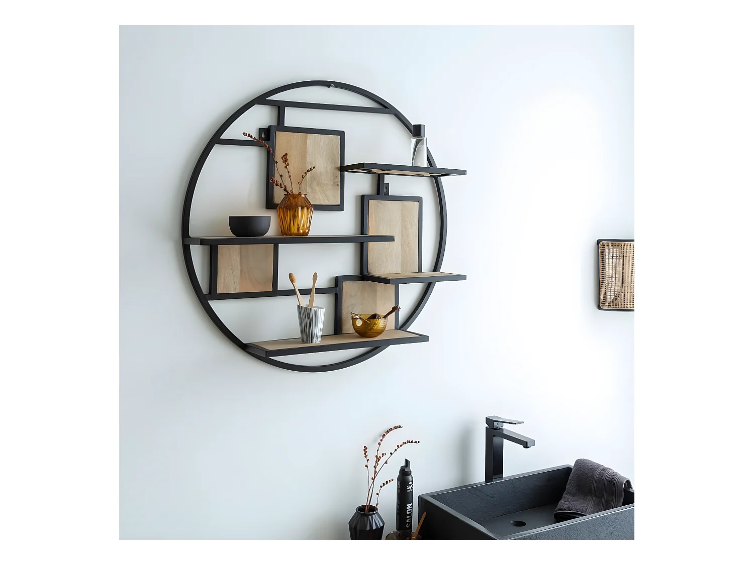 Etagère ronde en bois de manguier et métal Noam