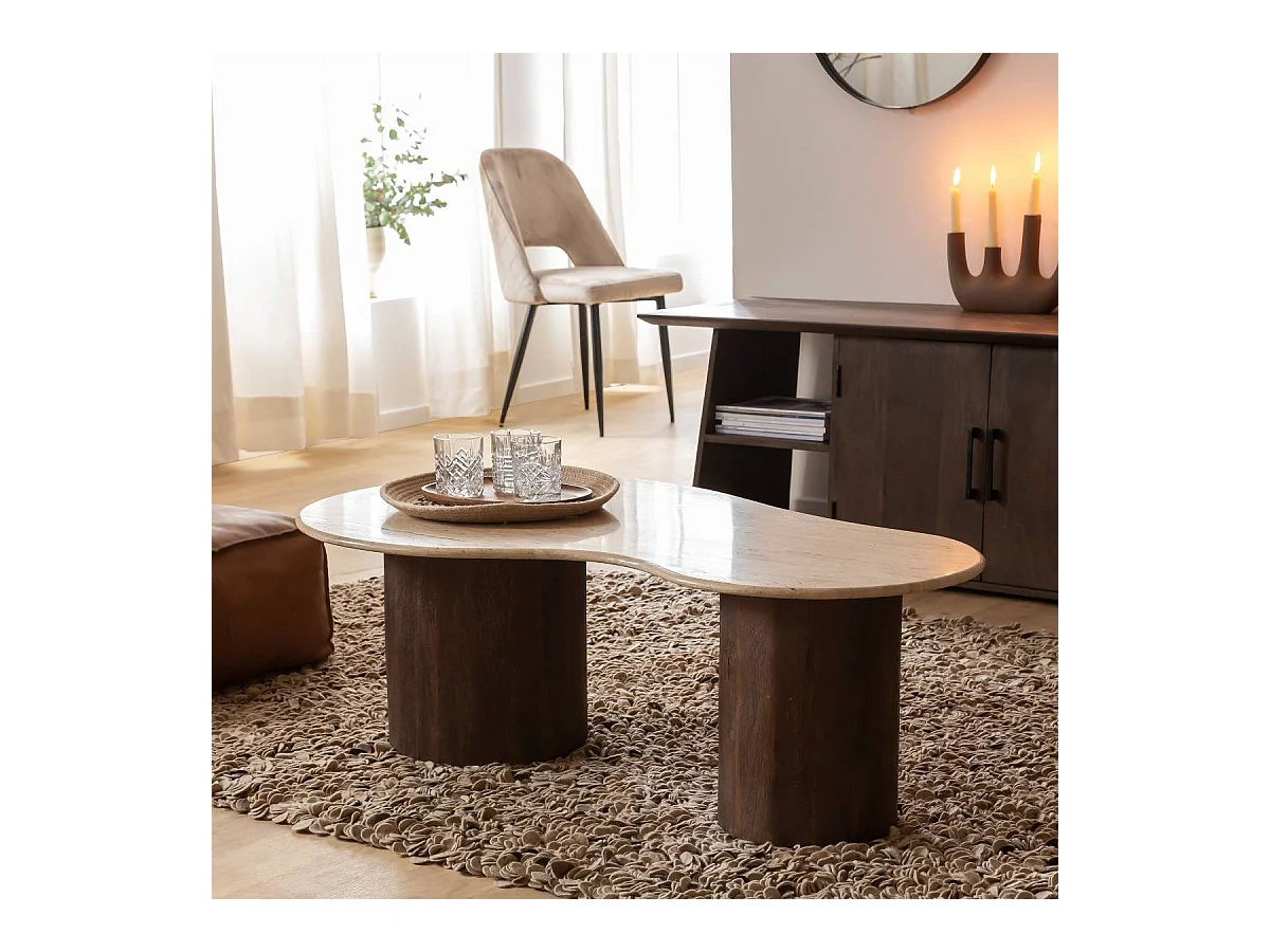 Mesa de centro de madera de mango y travertino con práctico espacio de almacenamiento