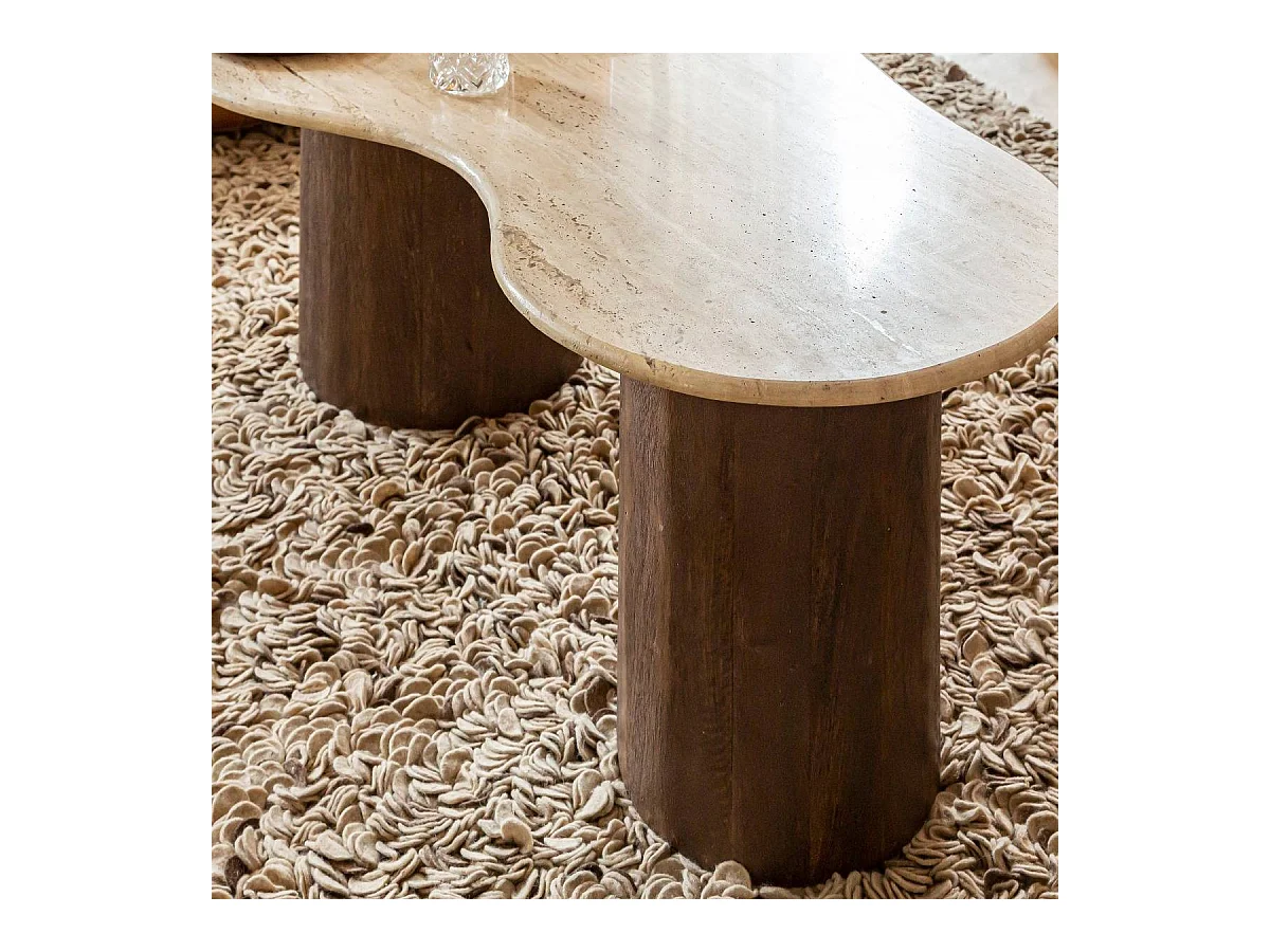 Mesa de centro de madera de mango y travertino con práctico espacio de almacenamiento