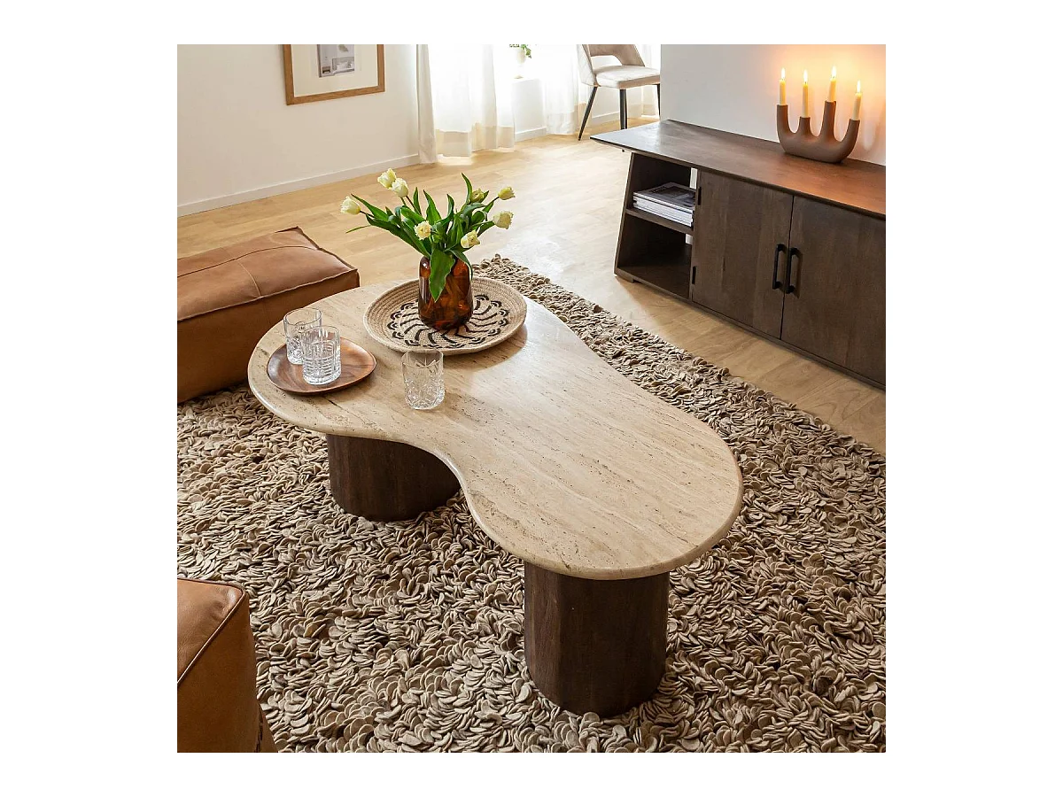 Mesa de centro de madera de mango y travertino con práctico espacio de almacenamiento