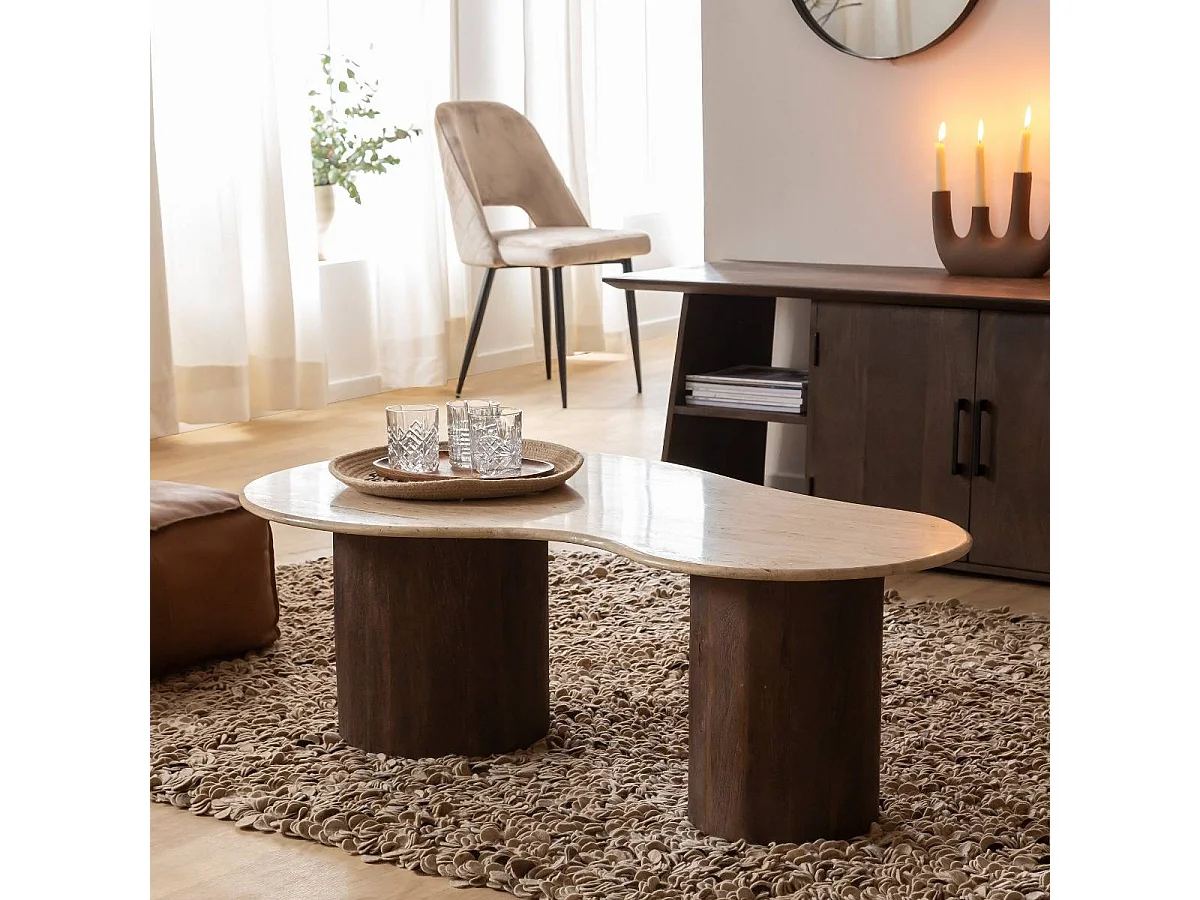 Mesa de centro de madera de mango y travertino con práctico espacio de almacenamiento