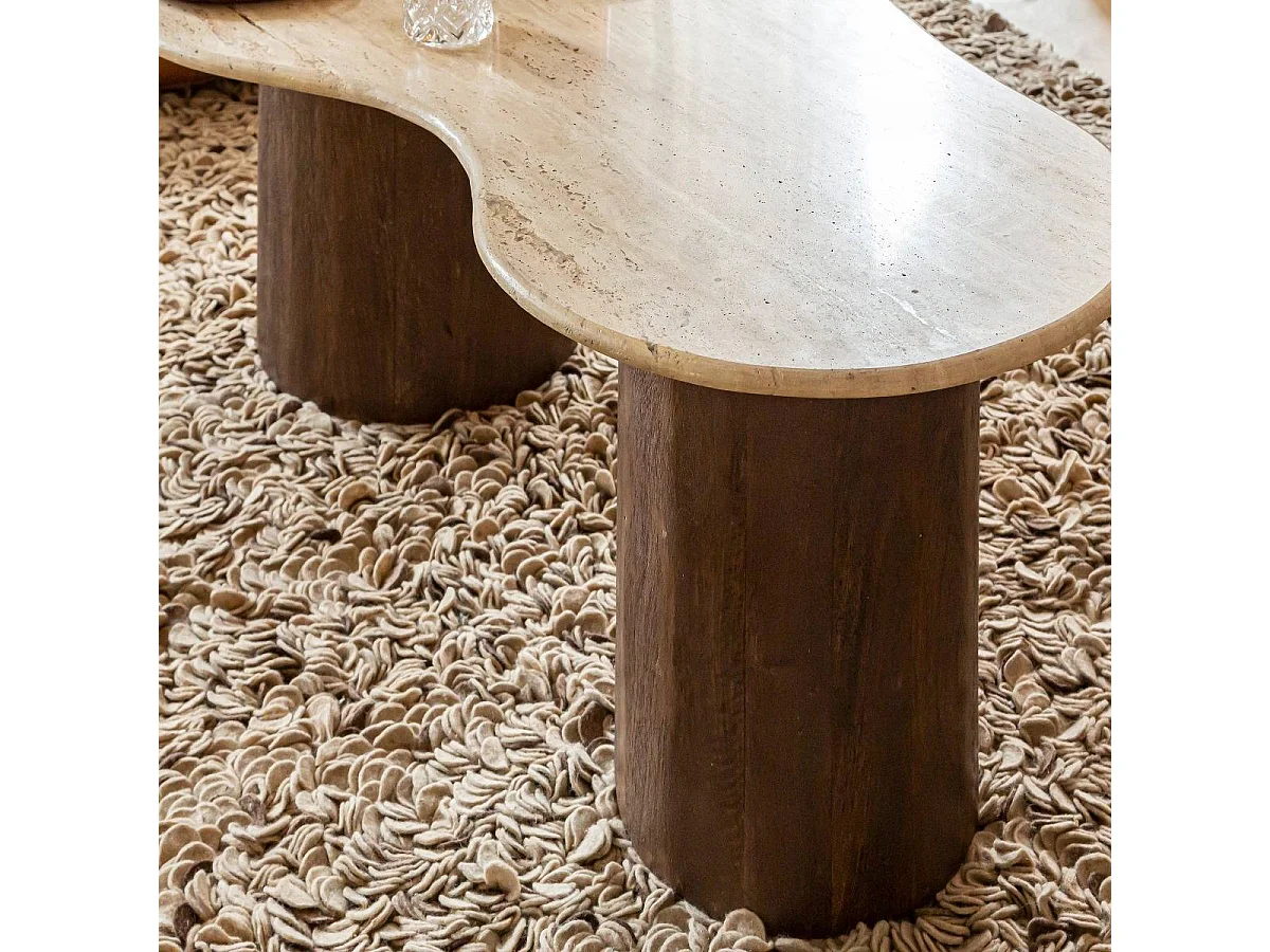 Mesa de centro de madera de mango y travertino con práctico espacio de almacenamiento