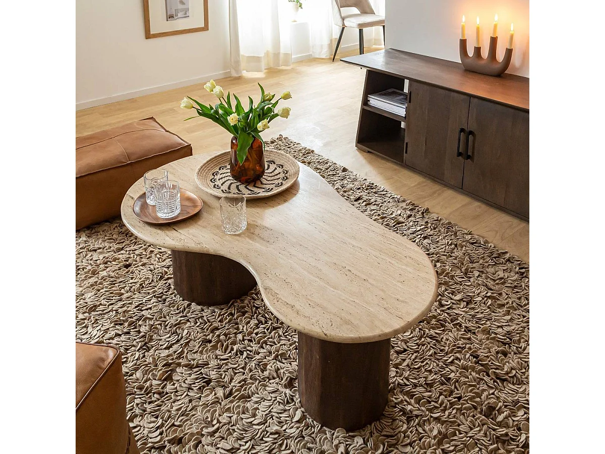 Mesa de centro de madera de mango y travertino con práctico espacio de almacenamiento