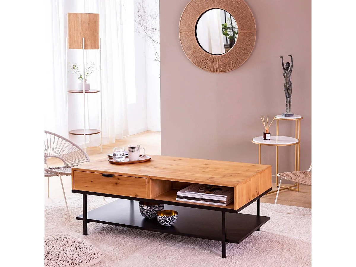 Mesa de centro de madera de pino Enola con almacenamiento - Estilo y practicidad reunidos