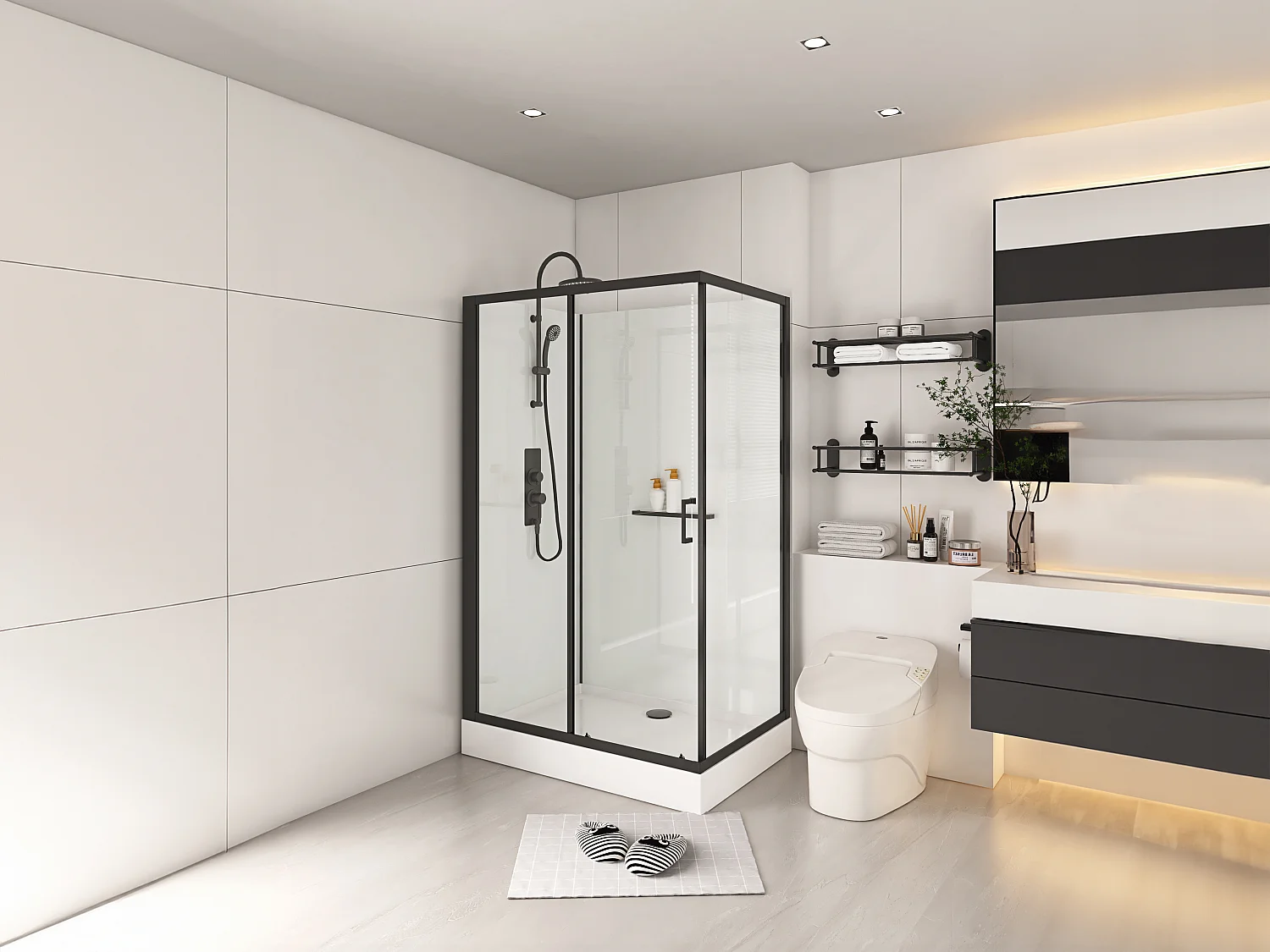 Cabine de duche retangular, instalação reversível - Preto e branco - C110 x L80 x A225 cm - ZODANI