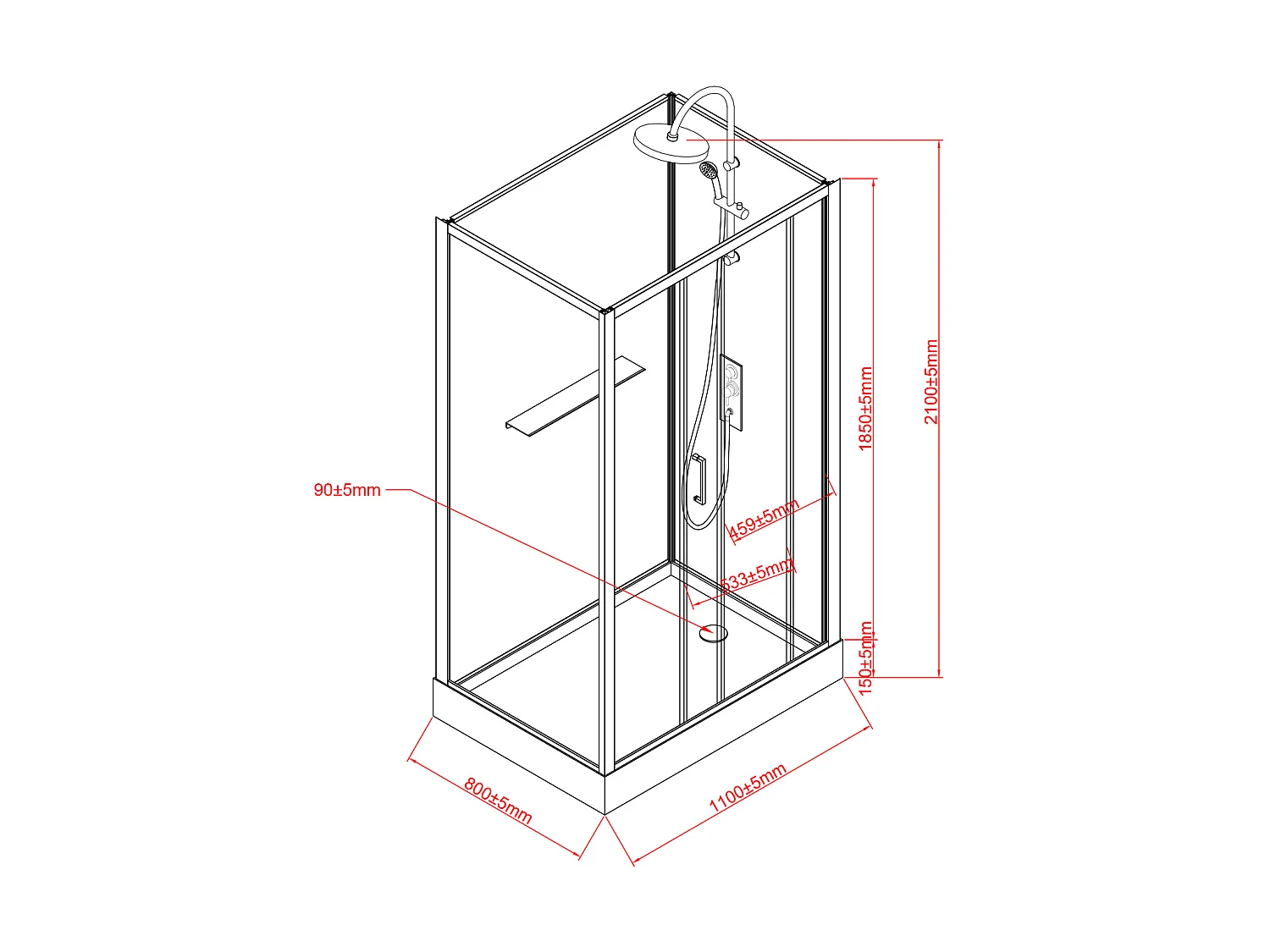 Cabine de douche rectangulaire - Installation réversible - Noir et blanc - L110 x l80 x H225 cm - ZODANI