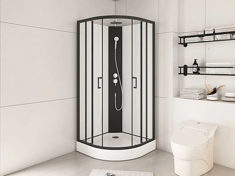 Cabina de ducha cuarto de círculo - Altura ajustable - Ancho 80 x 80 x Alt. 213/232 cm - Negro y blanco - ROVATA