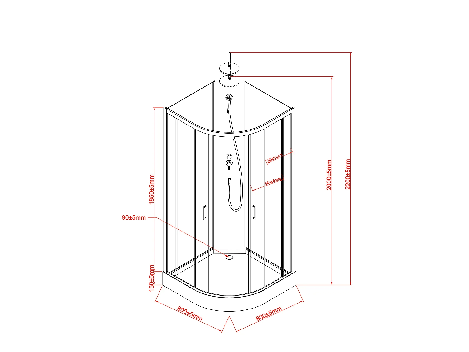 Cabine de douche quart de cercle - Hauteur ajustable - L80 x l80 x H200/220 cm - Noir et blanc - ROVATA