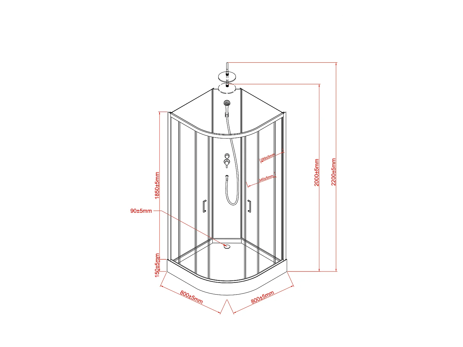 Douchecabine kwart cirkel - Aanpasbare hoogte - L80 x B80 x H213/232 cm - Zwart en wit - ROVATA