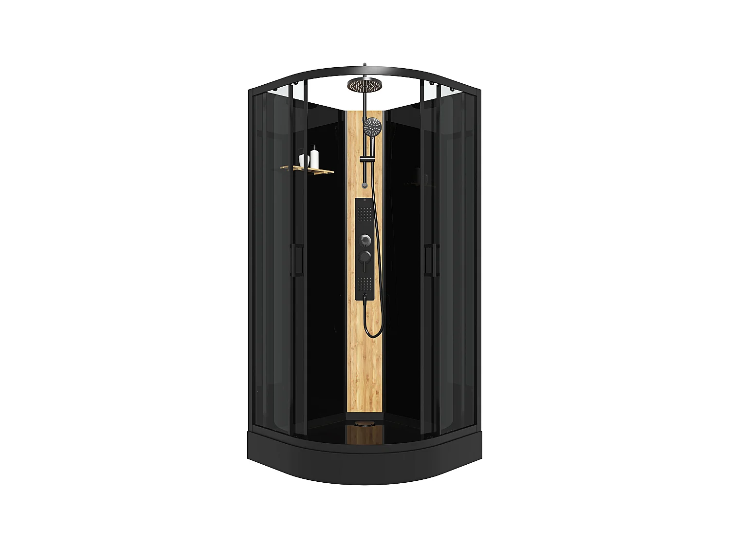 Cabine de douche hydromassante en quart de cercle avec panneau en bambou - Noir - L90 x l90 x H225 cm - TILOMA