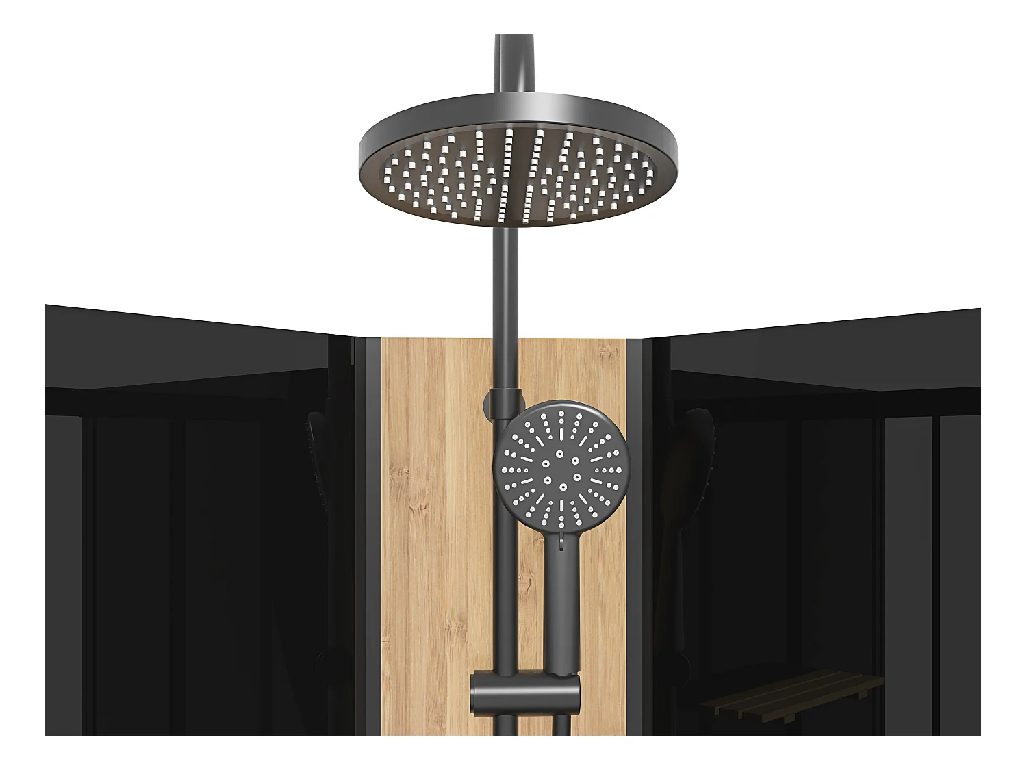 Cabine de douche hydromassante en quart de cercle avec panneau en bambou - Noir - L90 x l90 x H225 cm - TILOMA