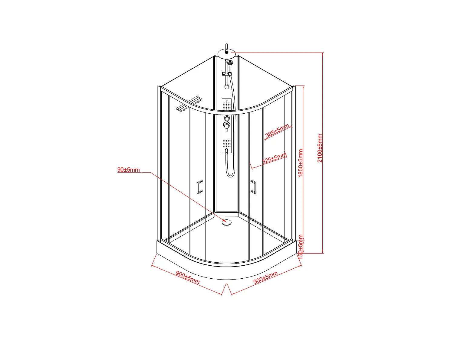 Cabine de douche hydromassante en quart de cercle avec panneau en bambou - Noir - L90 x l90 x H225 cm - TILOMA