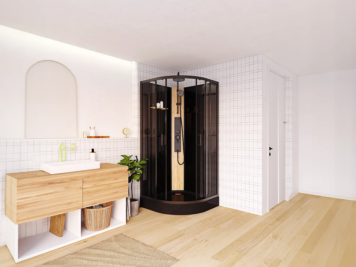 Cabine de douche hydromassante en quart de cercle avec panneau en bambou - Noir - L90 x l90 x H225 cm - TILOMA