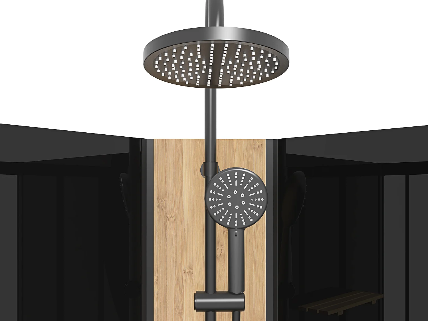 Cabina de ducha hidromasaje en cuarto de círculo con panel de bambú - Negro - Ancho 90 x 90 x Alt. 225 cm - TILOMA