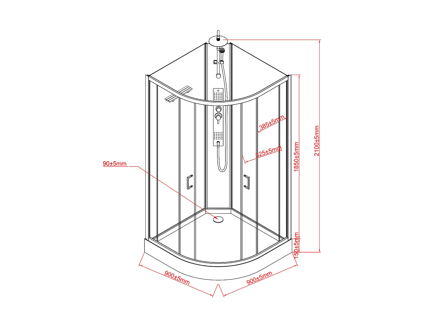 Cabine de douche hydromassante en quart de cercle avec panneau en bambou - Noir - L90 x l90 x H225 cm - TILOMA