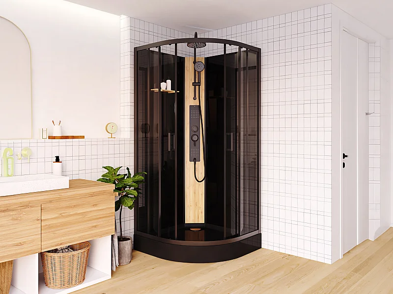 Cabine de douche hydromassante en quart de cercle avec panneau en bambou - Noir - L90 x l90 x H225 cm - TILOMA