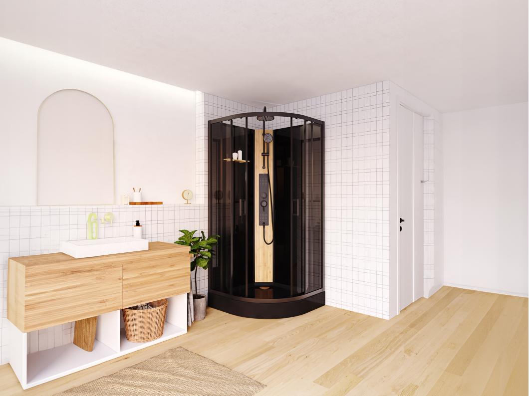 Cabina de ducha hidromasaje en cuarto de círculo con panel de bambú - Negro - Ancho 90 x 90 x Alt. 225 cm - TILOMA