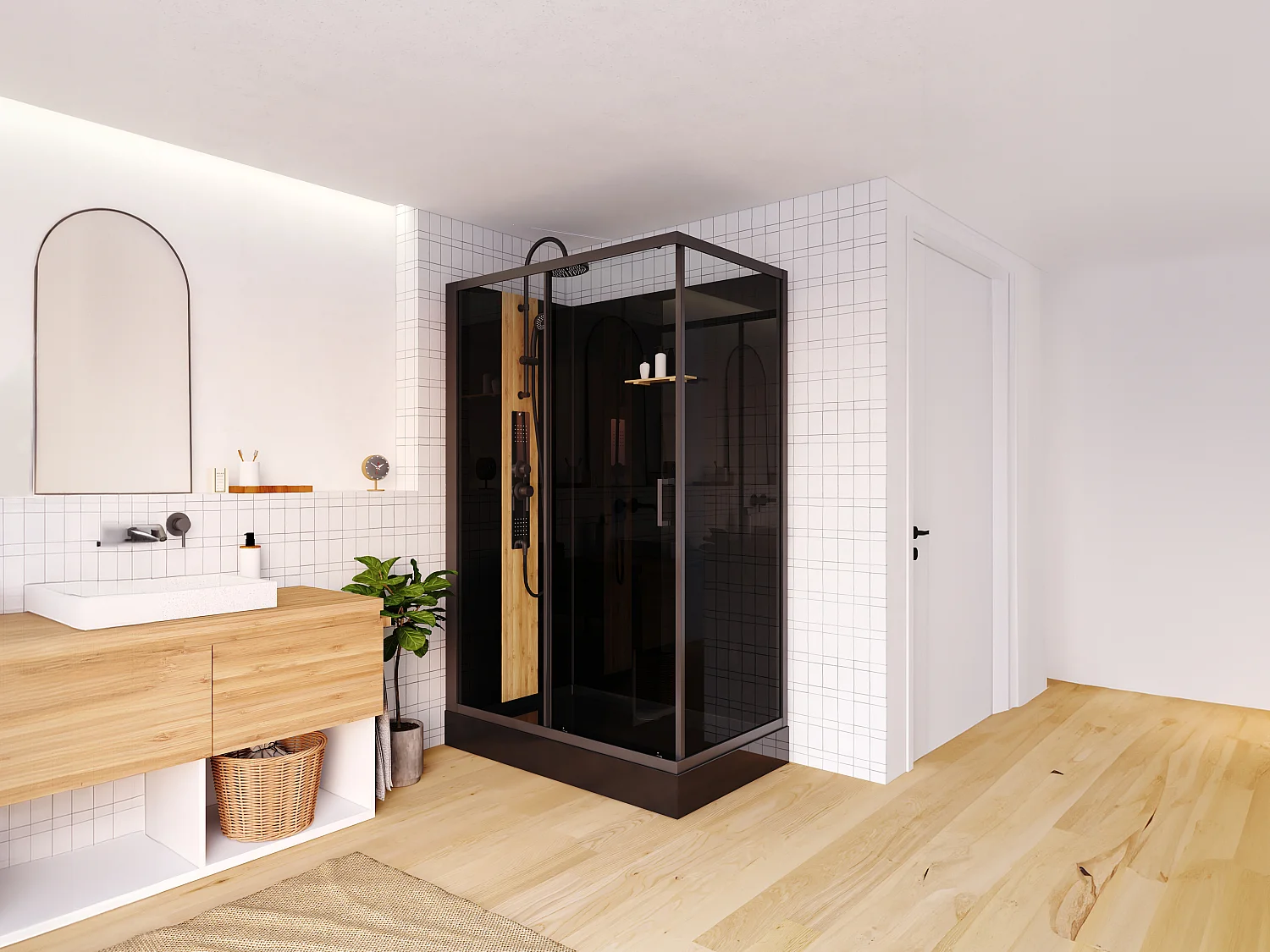 Cabine de duche de hidromassagem retangular em bambu, instalação reversível, preto fosco, C120 x L80 x A225 cm - VITUNA