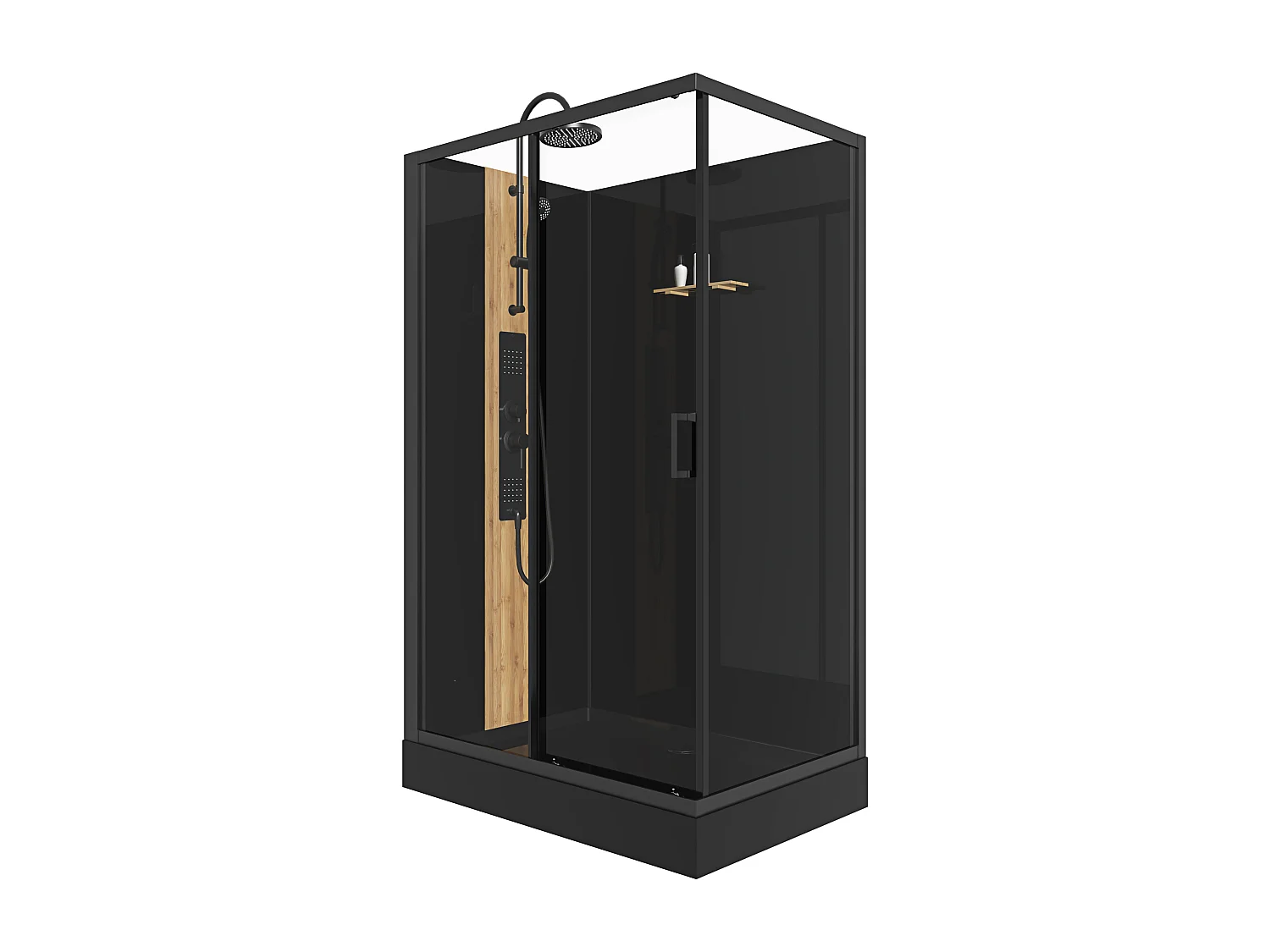 Dusjkabinett rektangulært med hydromassasje og bambus, vendbar installasjon svart matt 120 × 80 × 225 cm VITUNA