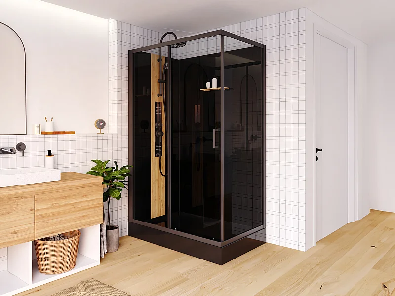 Dusjkabinett rektangulært med hydromassasje og bambus, vendbar installasjon svart matt 120 × 80 × 225 cm VITUNA