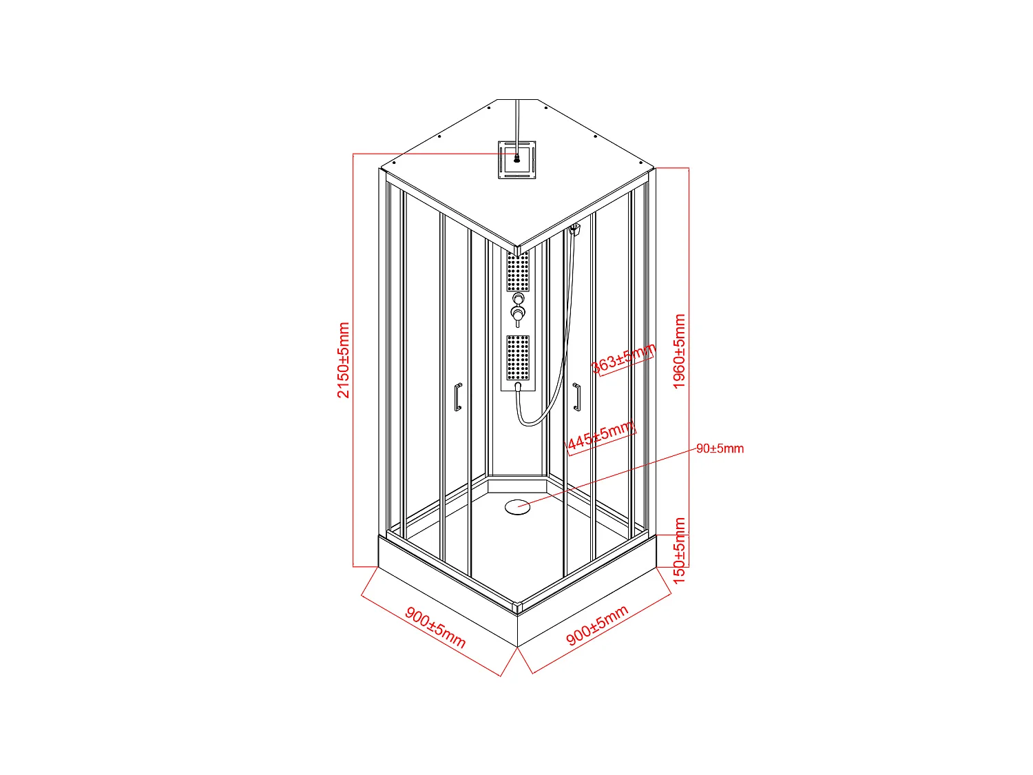 Cabine de douche hydromassante carrée - Noir mat et blanc - L90 x l90 x H215 cm  - TANITO