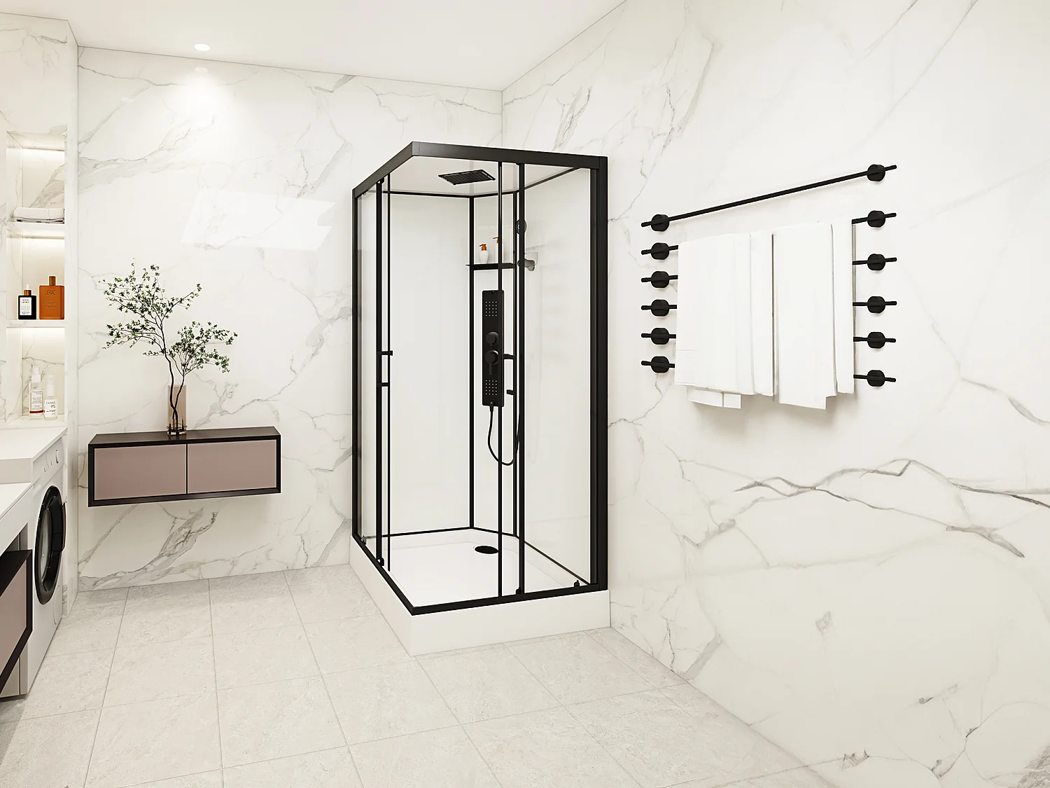 Cabine de douche hydromassante carrée - Noir mat et blanc - L90 x l90 x H215 cm  - TANITO