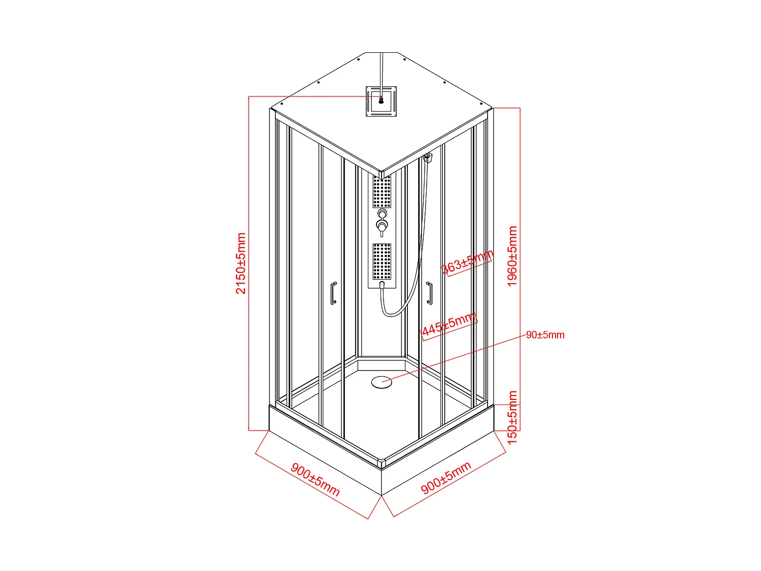 Cabine de douche hydromassante carrée - Noir mat et blanc - L90 x l90 x H215 cm  - TANITO