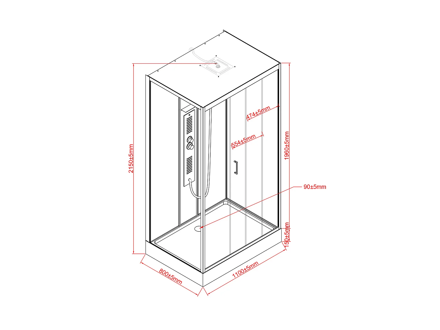 Cabine de douche hydromassante rectangulaire - Installation réversible - L110 x l80 x H215 cm - SULIPA