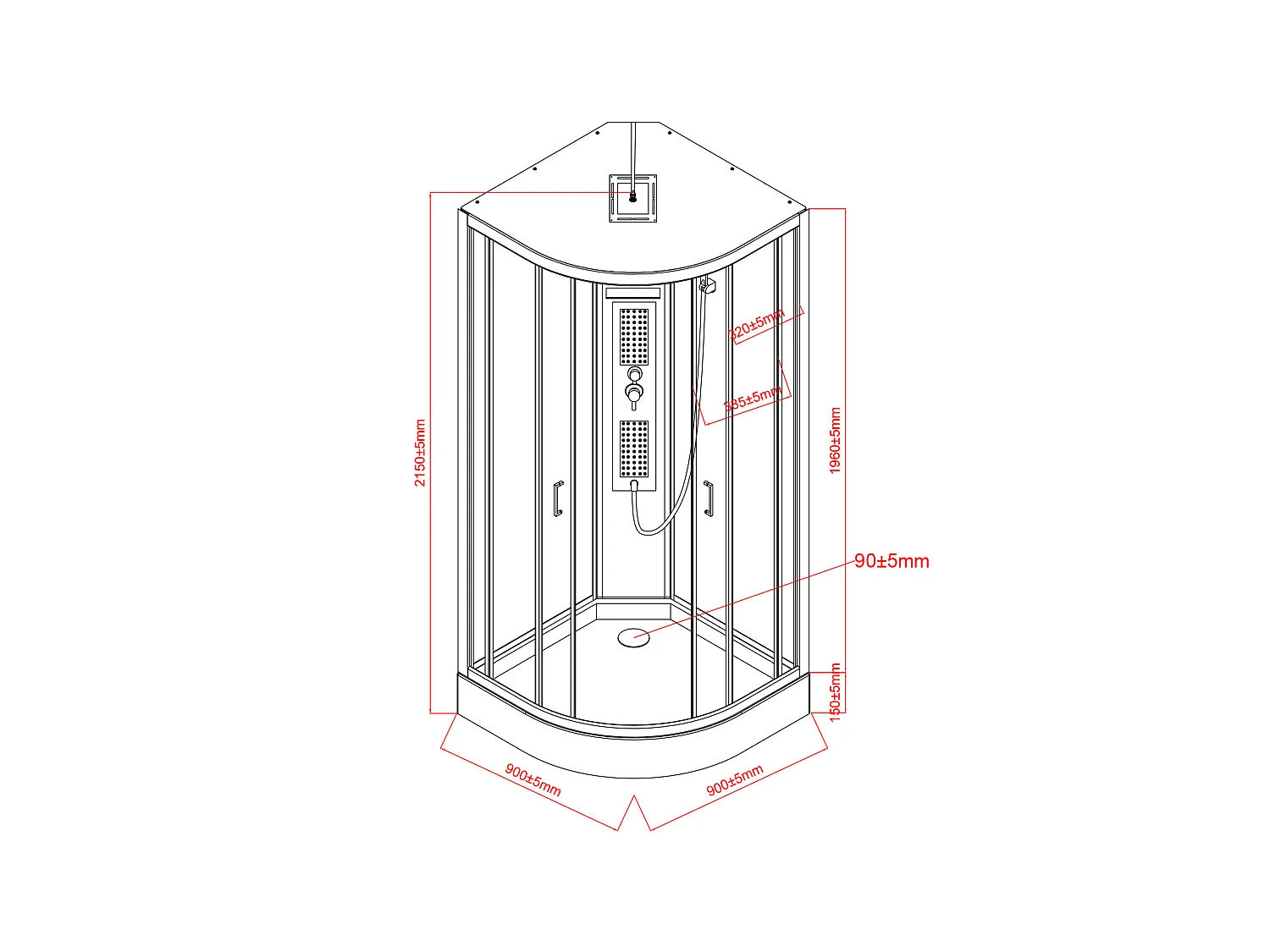 Cabine de douche hydromassante en quart de cercle - L90 x l90 x H215 cm - SOLENA