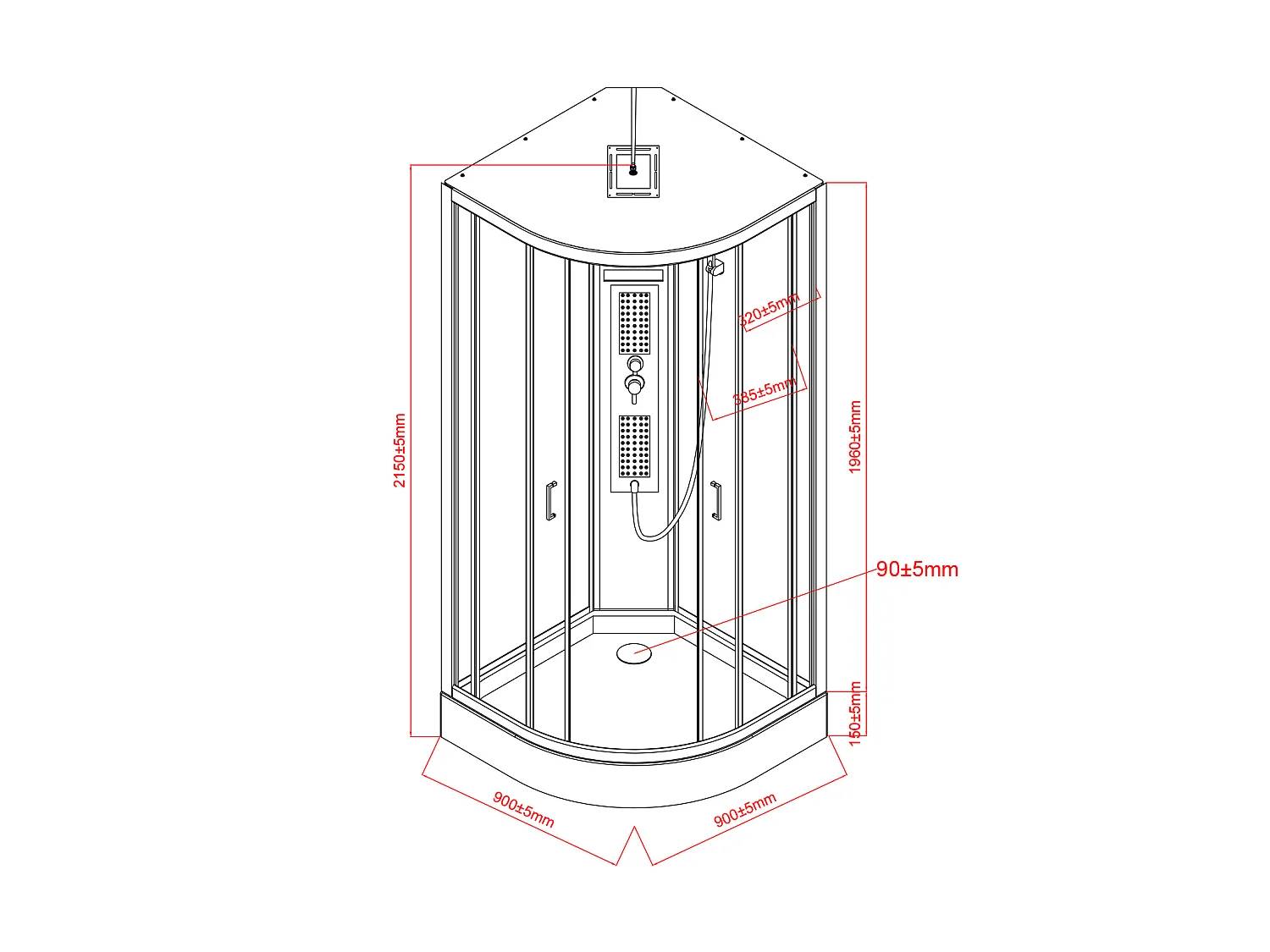 Cabine de douche hydromassante en quart de cercle - L90 x l90 x H215 cm - SOLENA