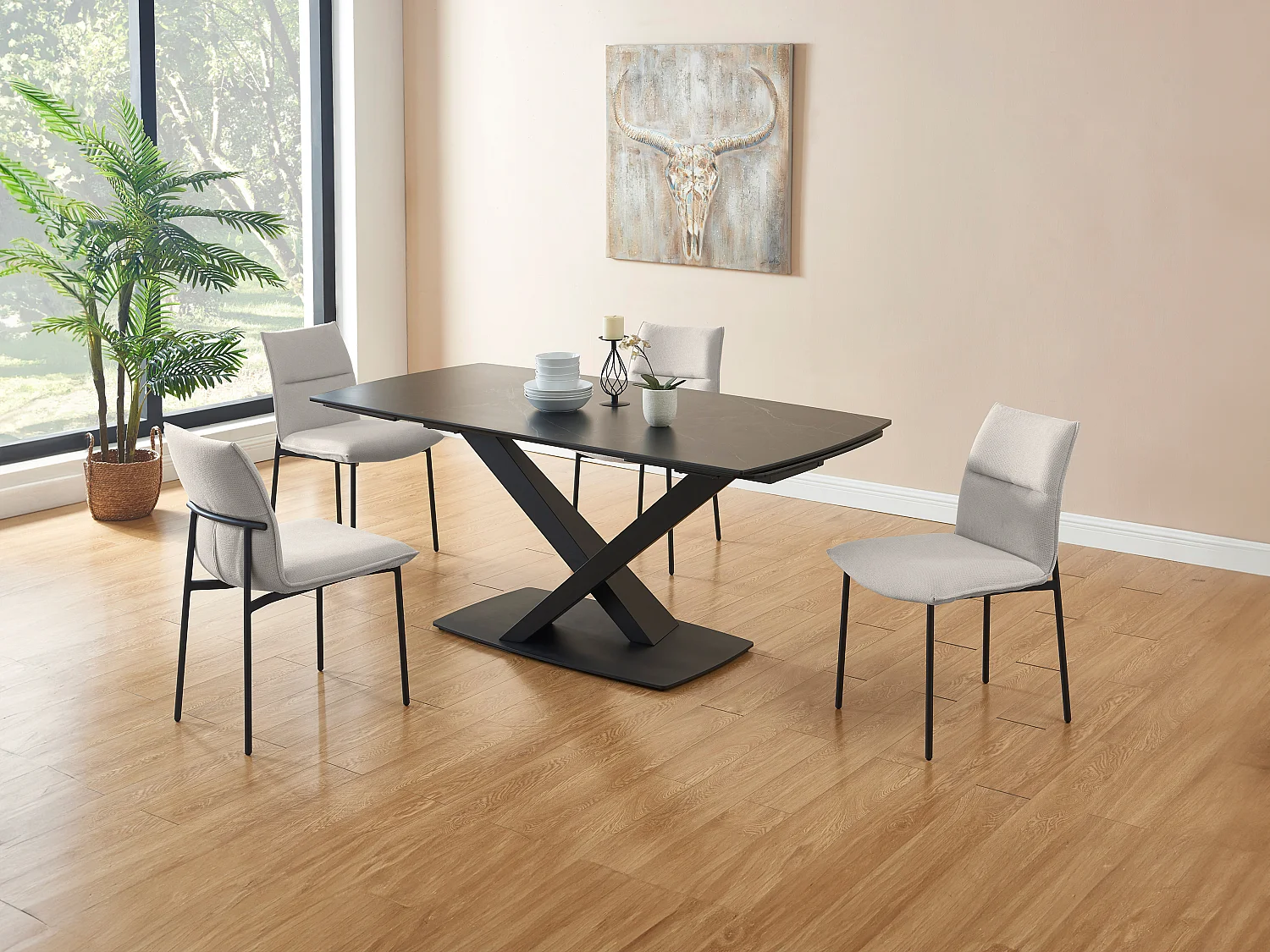 Stuhl 2er-Set - Stoff & schwarzes Metall - Cremefarben - ETIVAL