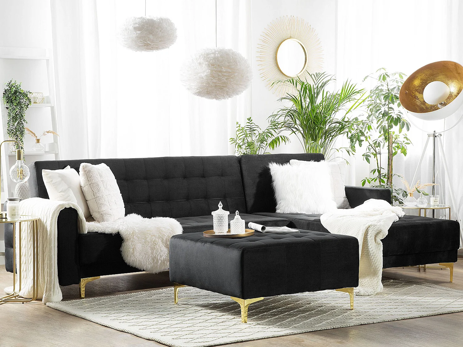 Canapé-lit d'angle modulable ABERDEEN Velours Noir avec ottoman 4 places Côté droite