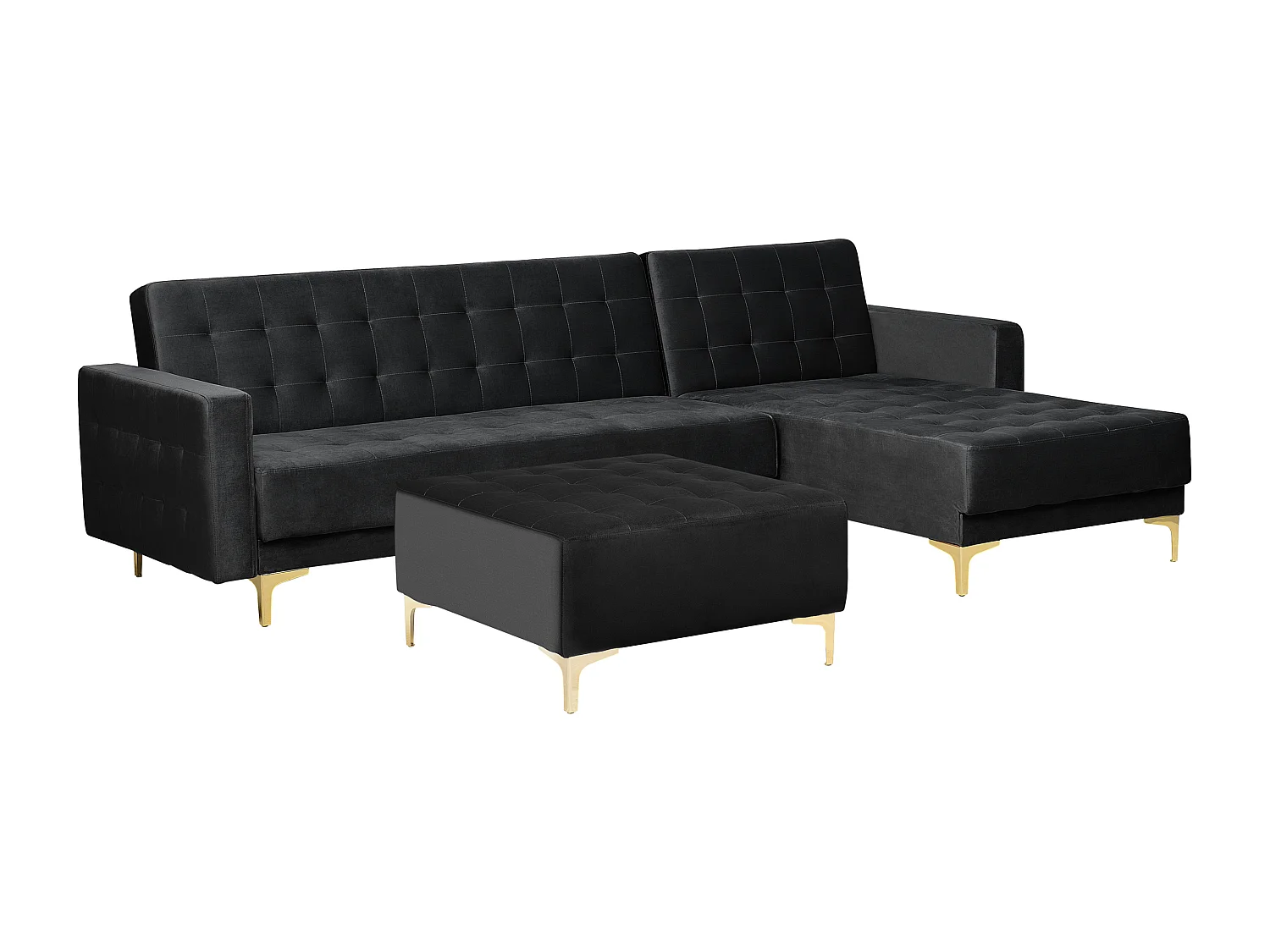 Canapé-lit d'angle modulable ABERDEEN Velours Noir avec ottoman 4 places Côté droite