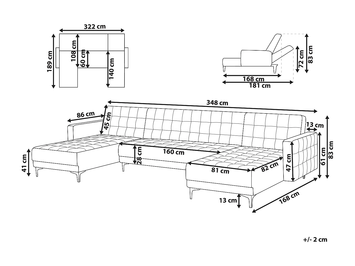 Sofá-cama modular em forma de U ABERDEEN Veludo Preto 5 lugares