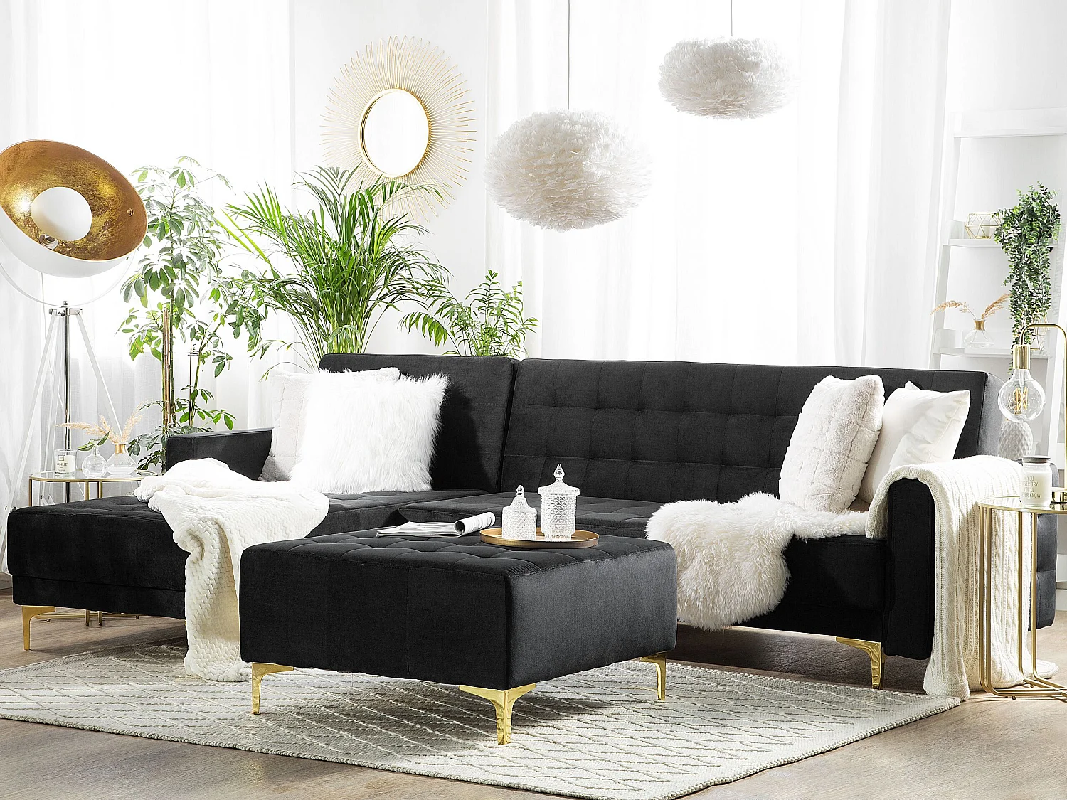 Canapé-lit d'angle modulable ABERDEEN Velours Noir avec ottoman 4 places Côté droit