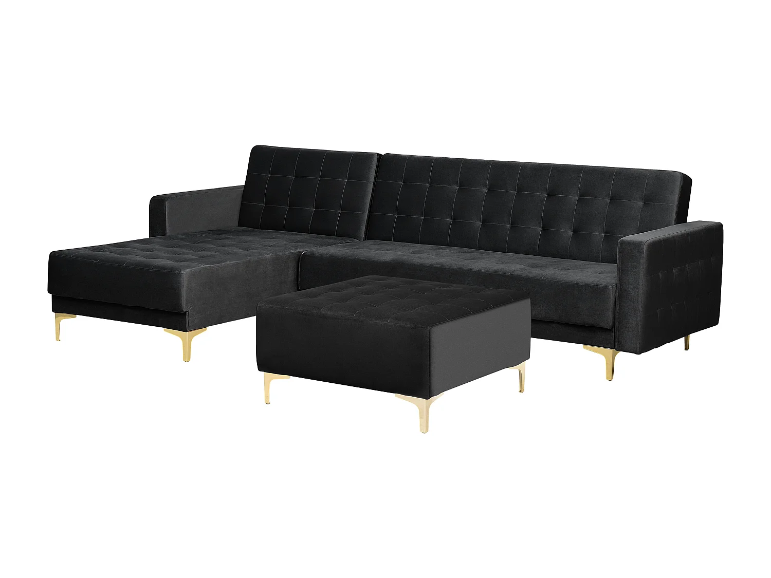Canapé-lit d'angle modulable ABERDEEN Velours Noir avec ottoman 4 places Côté droit