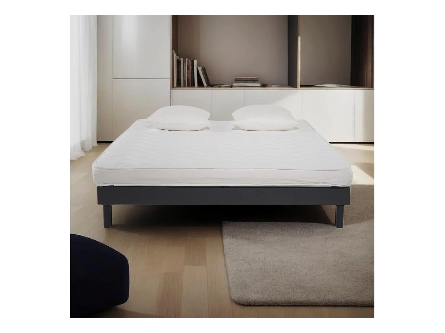 Ensemble Matelas mousse ECO - 160x200 - 2 Oreillers mémoire 60x60  - Sommier kit Gris