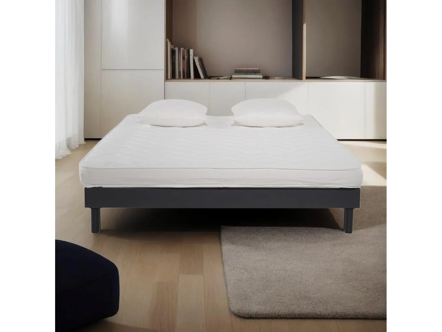 Ensemble Matelas mousse ECO - 160x200 - 2 Oreillers mémoire 60x60  - Sommier kit Gris