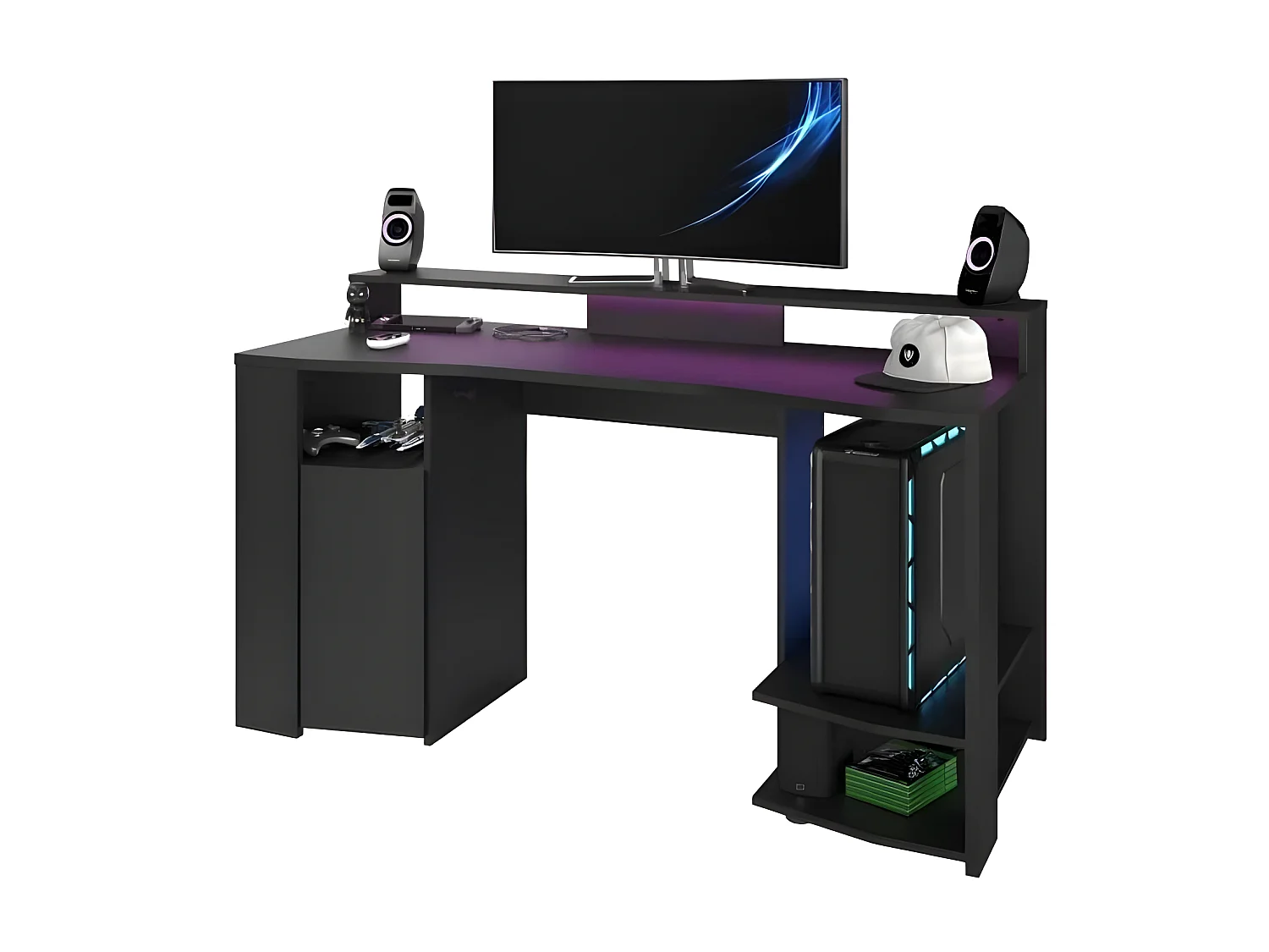 Bureau gaming LED - Grande zone de jeu - Noir - L 152 x P 61,5 x H 86,7 cm - GAMER