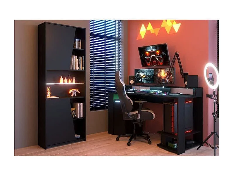 Bureau gaming LED - Grande zone de jeu - Noir - L 152 x P 61,5 x H 86,7 cm - GAMER