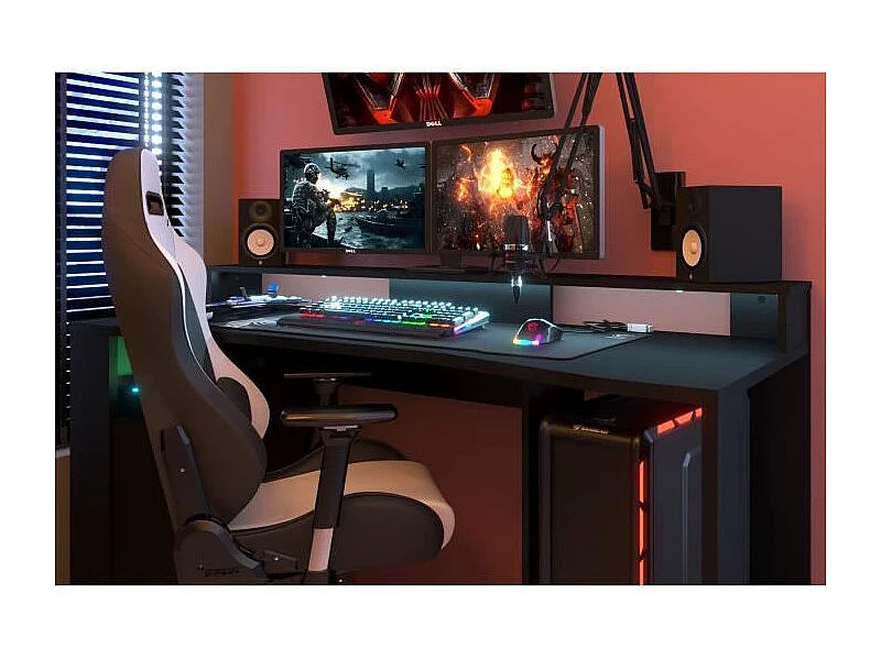 Bureau gaming LED - Grande zone de jeu - Noir - L 152 x P 61,5 x H 86,7 cm - GAMER